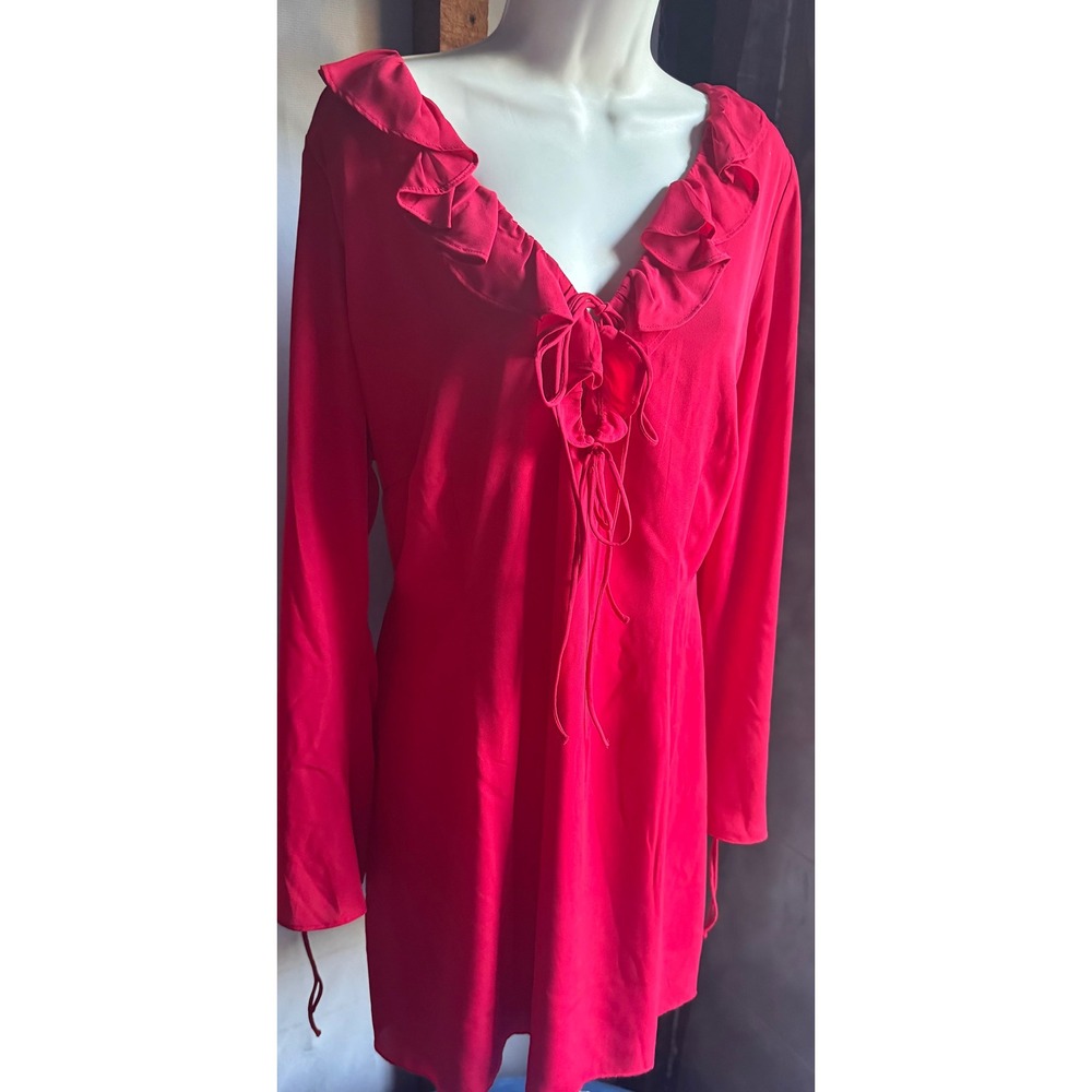 Red Ruffle V-Neck Lace Up Long Sleeve Mini Dress with Waist Tie